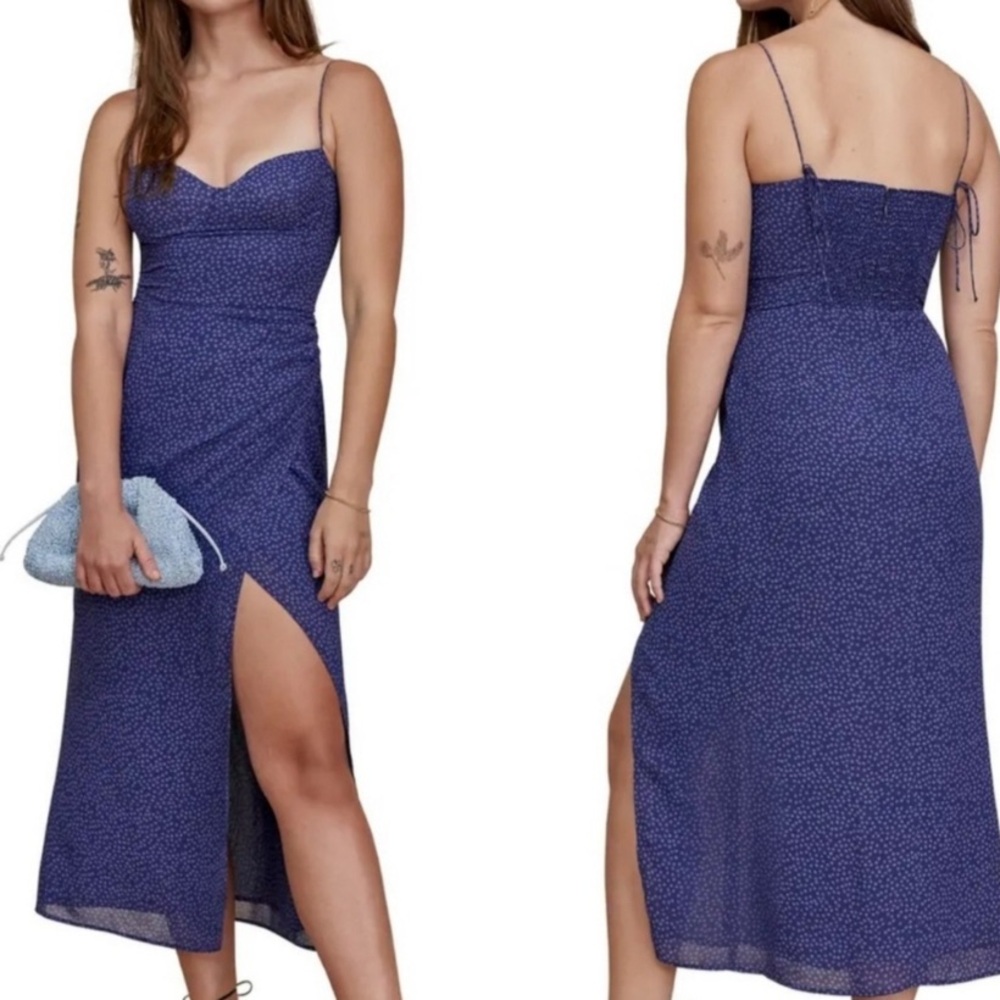 Reformation Blue Midi Slip Dress with Side Slit